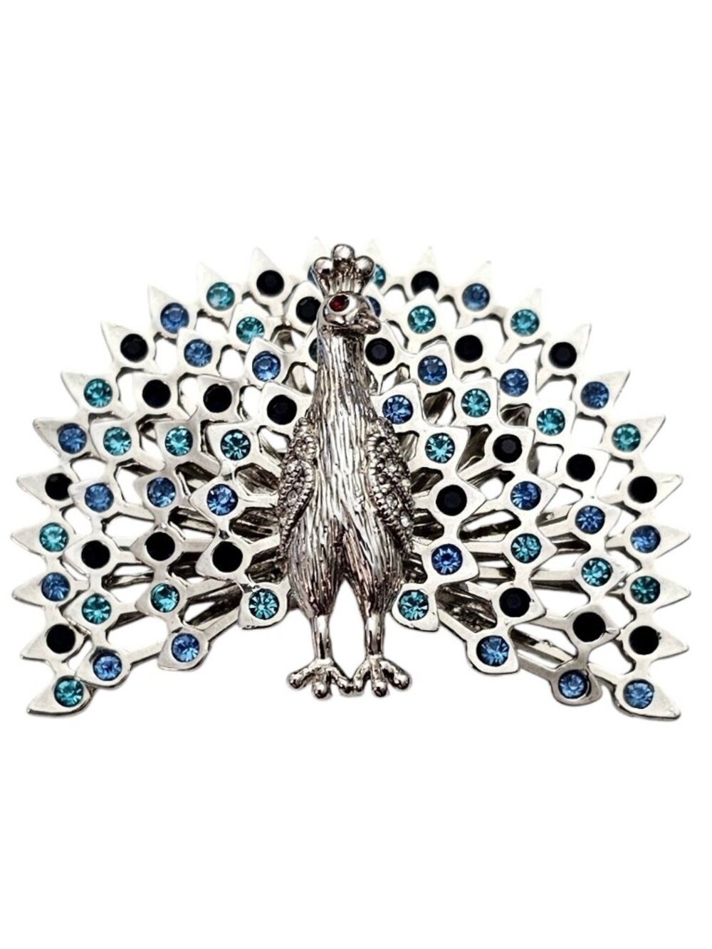 Peacock Brooch Blue Teal, Black Rhinestone Pin L574